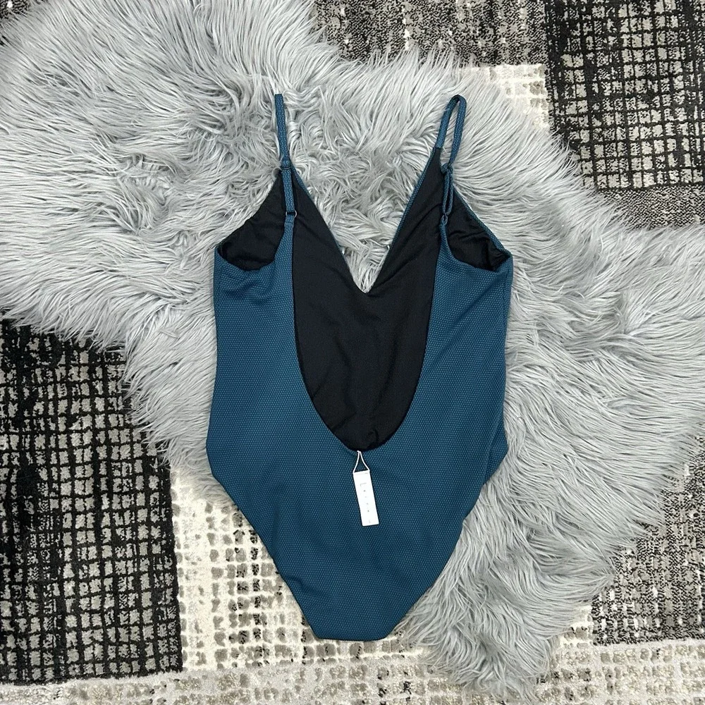 LEITH Solid Teal Textured Plunge Halter One-Piece Swimsuit Size Large‎ ($68)